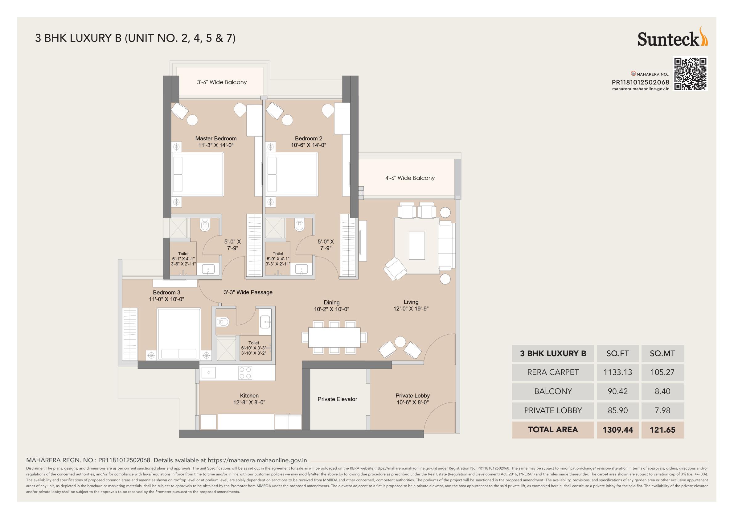 3 BHK Floor Plan - 1309 sq ft